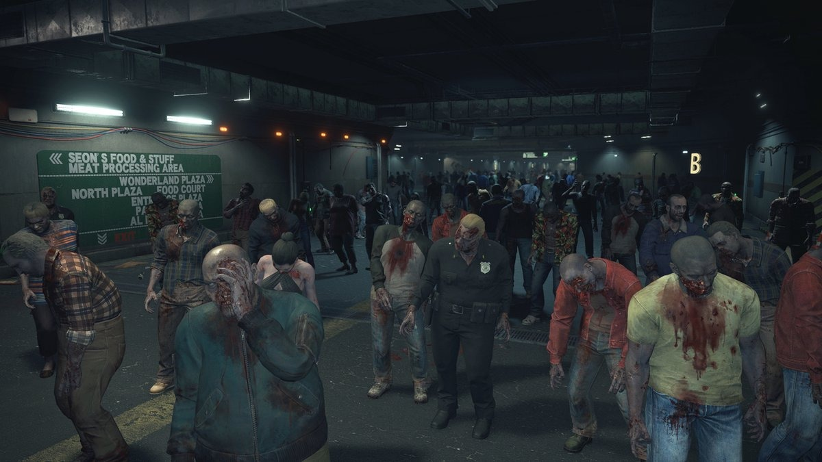 Een donkere, ondergrondse parkeergarage, vol zombies, met een bord erboven.