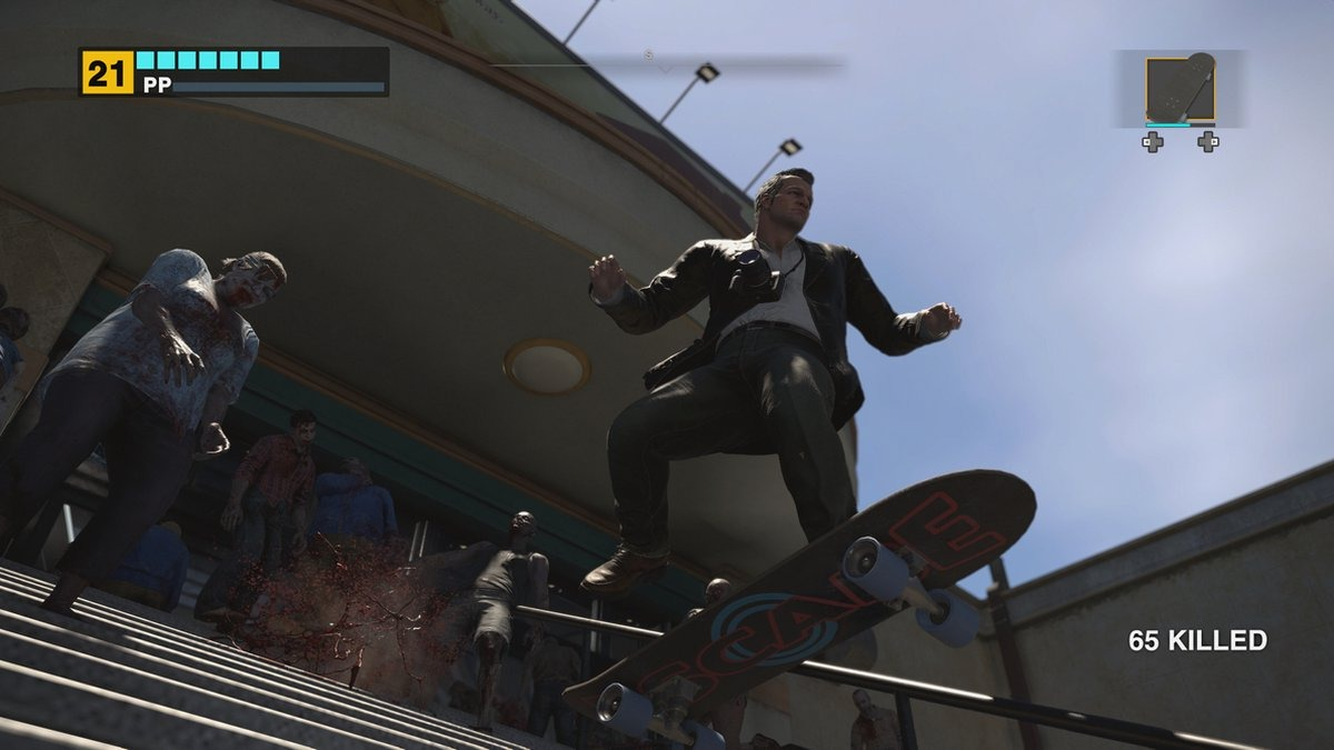 Man skaten over zombies in een game. De game-interface toont een score en een gezondheidsbalk.