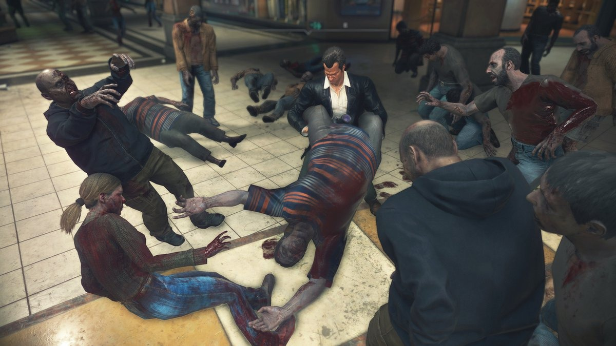 Zombies vallen mensen aan in een winkel. Verschillende gewonde mensen op de grond. Bloederige scène. Donker. Horror.