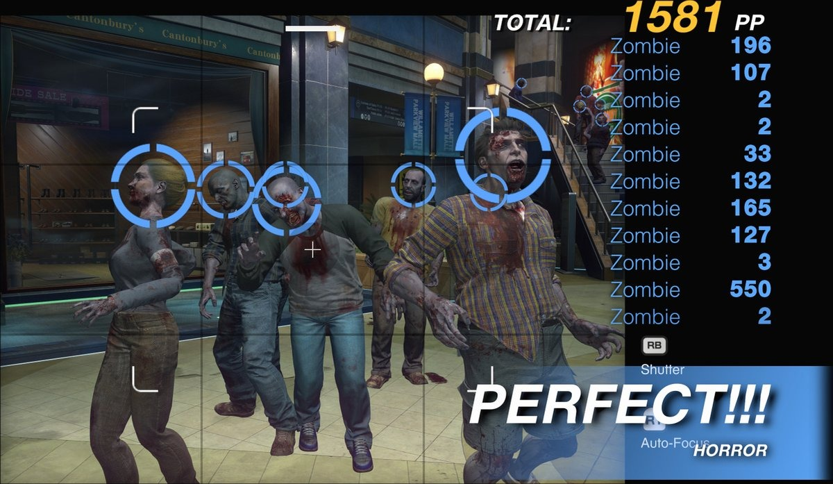 Screenshot van een videogame met zombies. Tekst zegt PERFECT!!! en PP.