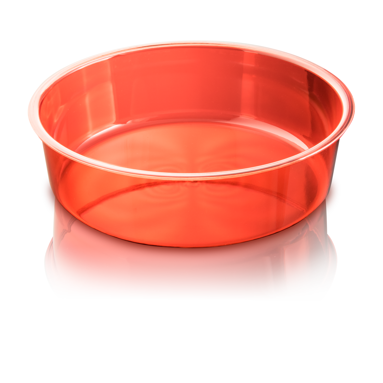 Transparent red plastic bowl on a black surface, with a reflection.