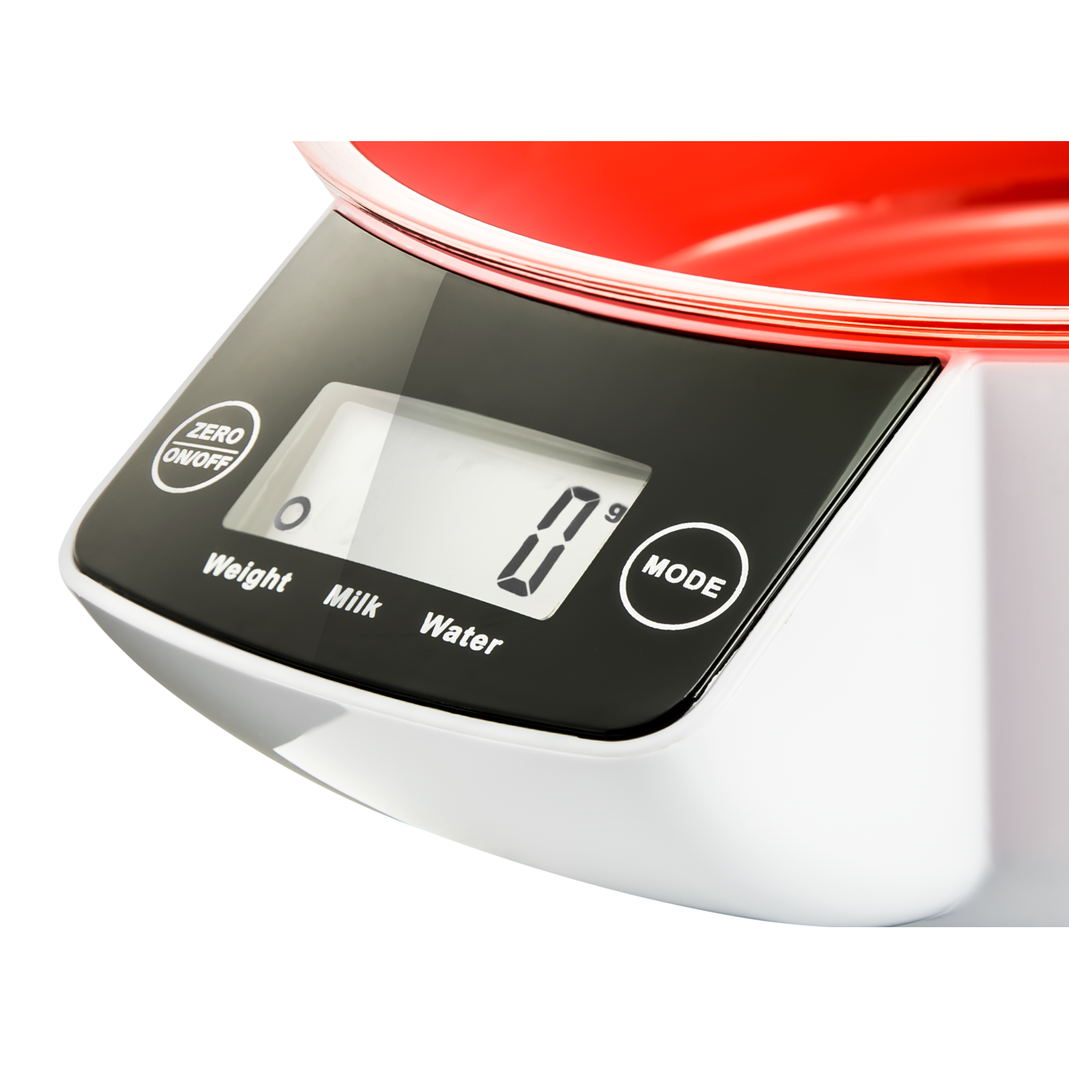 Digital kitchen scale with red rim, black display shows zero, and weight, milk, water labels.