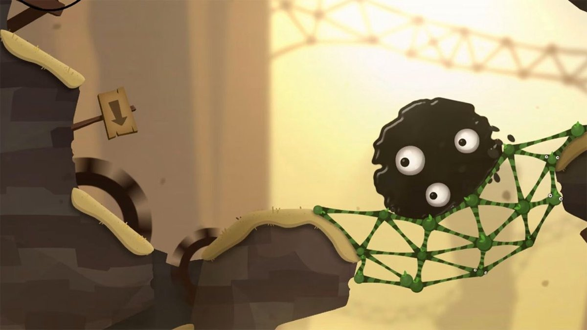Spellevel met een zwarte blob met ogen op een groen net. Brug, bord en achtergrond.