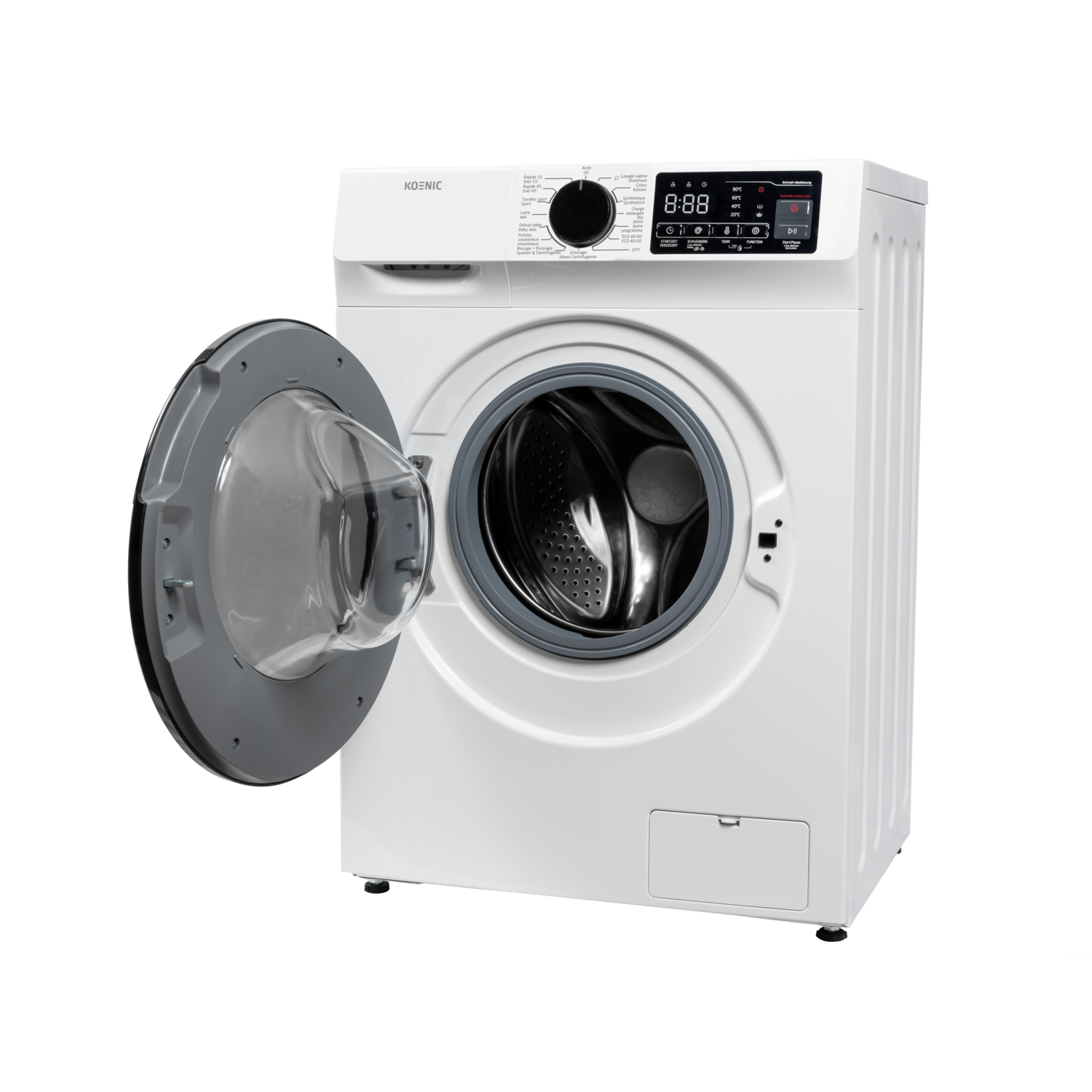 Witte wasmachine met de deur open, met de trommel en het bedieningspaneel zichtbaar.