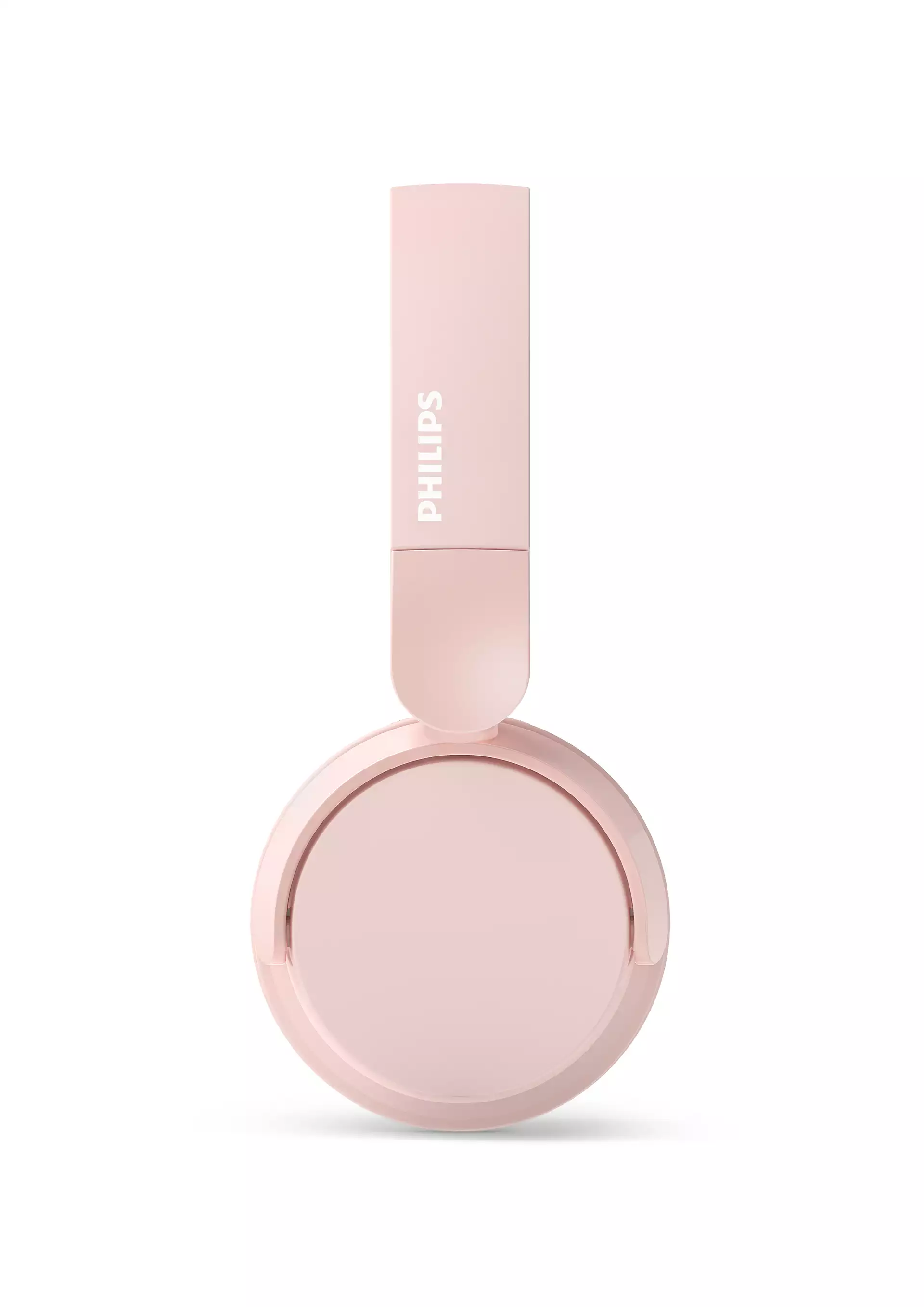 Pembe Philips kulaklık, önden görünüm. Kulaklıklar beyaz bir arka plan üzerinde.