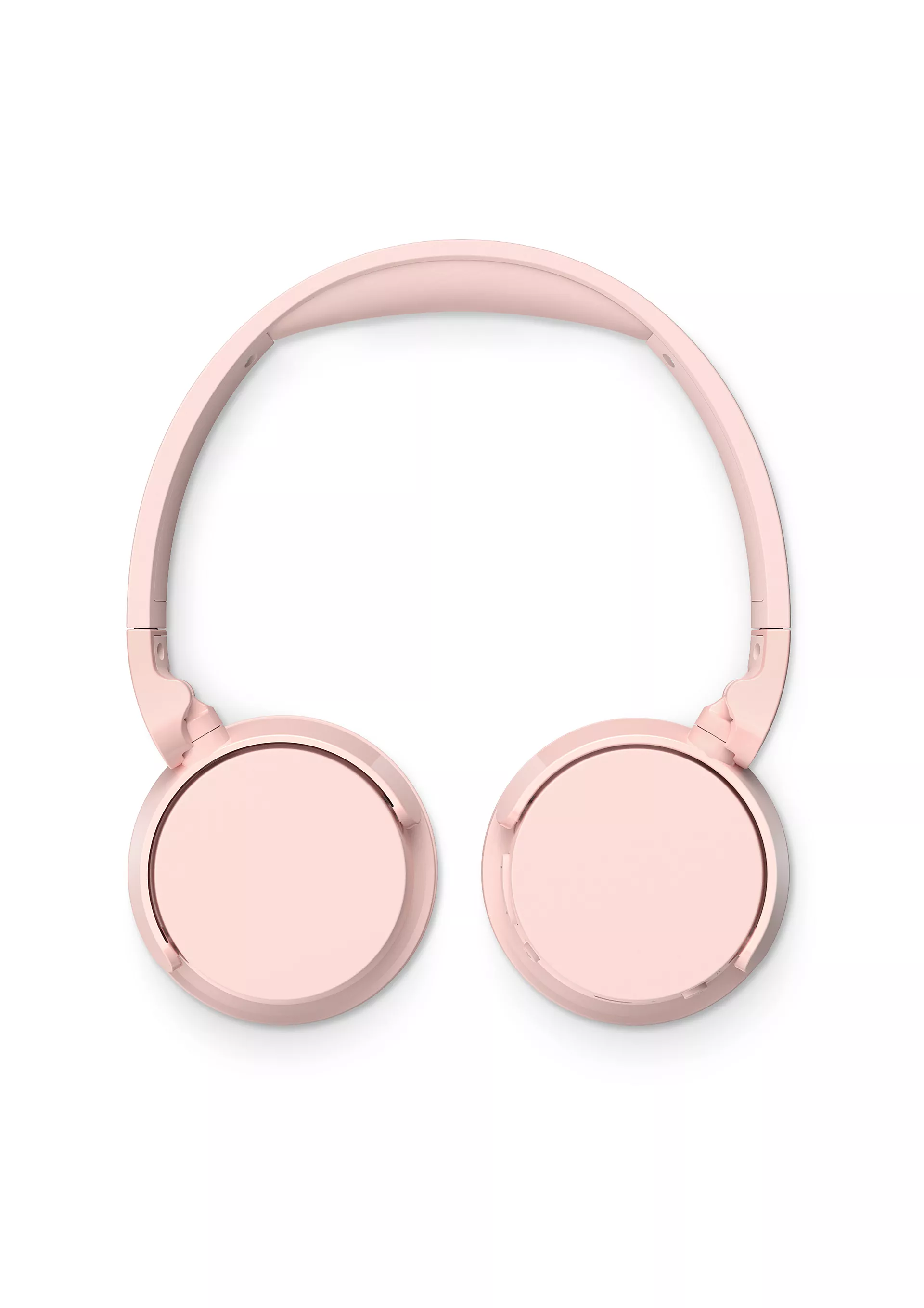Pembe kulak üstü kulaklıklar, yukarıdan görünüm, beyaz zemin üzerinde. Temiz ve minimalist tasarım.
