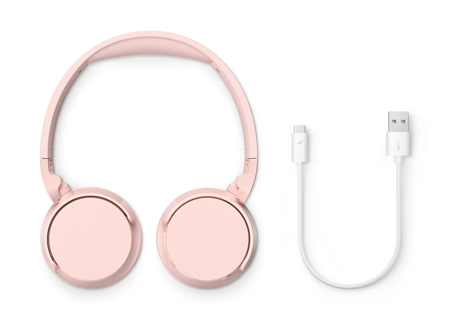 Pembe kulaklık ve beyaz bir USB-C kablosu.