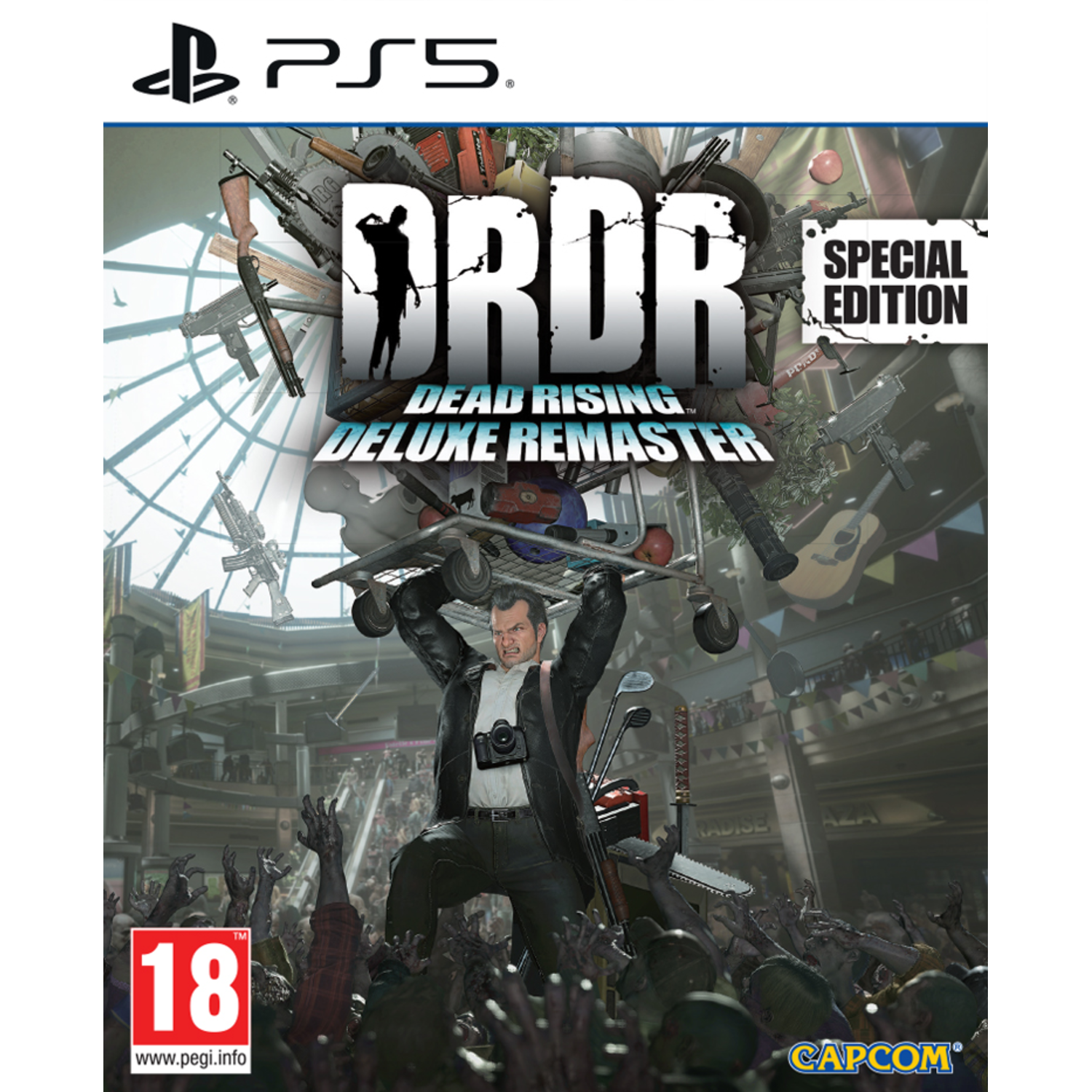 Dead Rising Deluxe Remaster game cover. Een man in een jas houdt een winkelwagen vast. Zombies staan op de achtergrond.