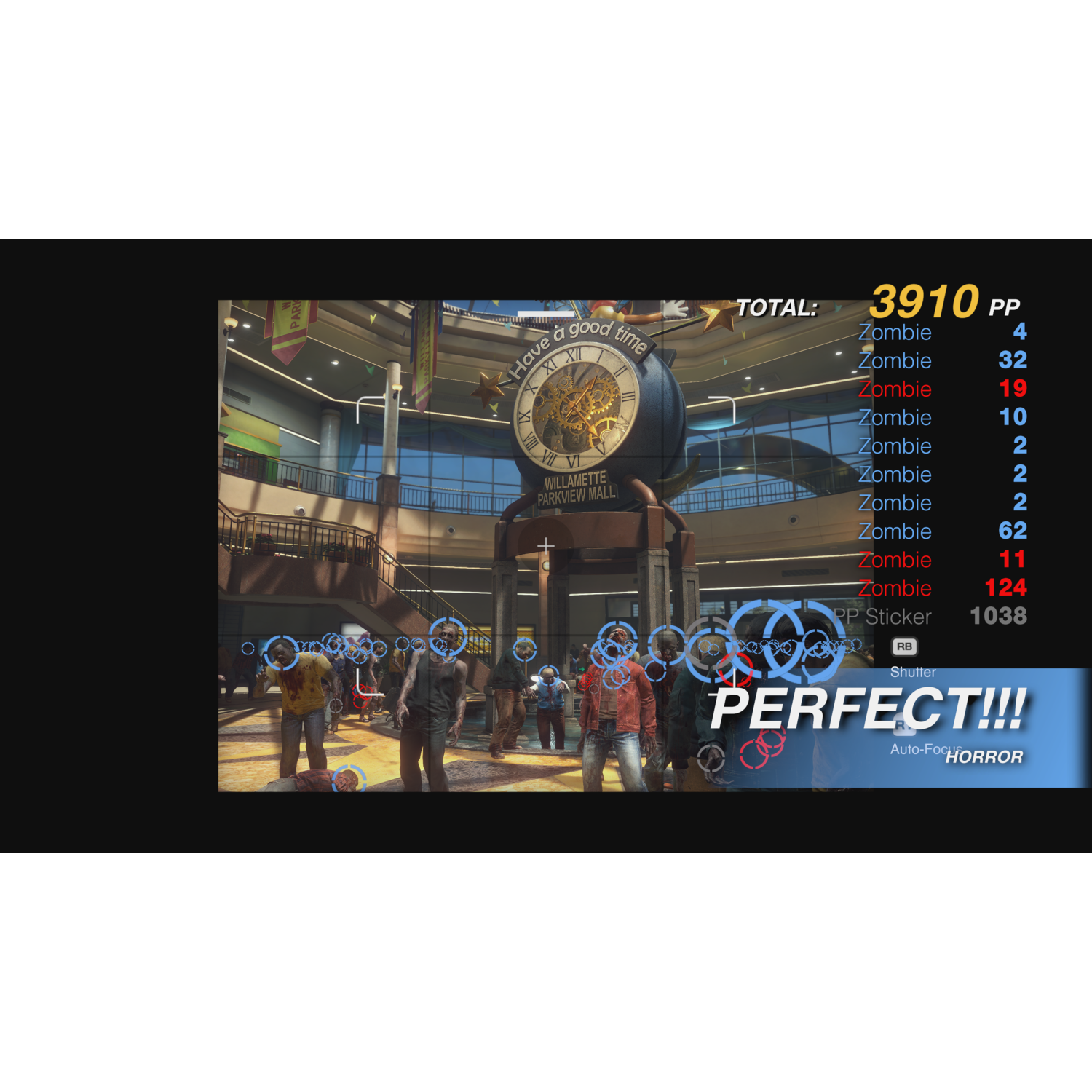 Screenshot van een game-interface, met een score-scherm met zombies.