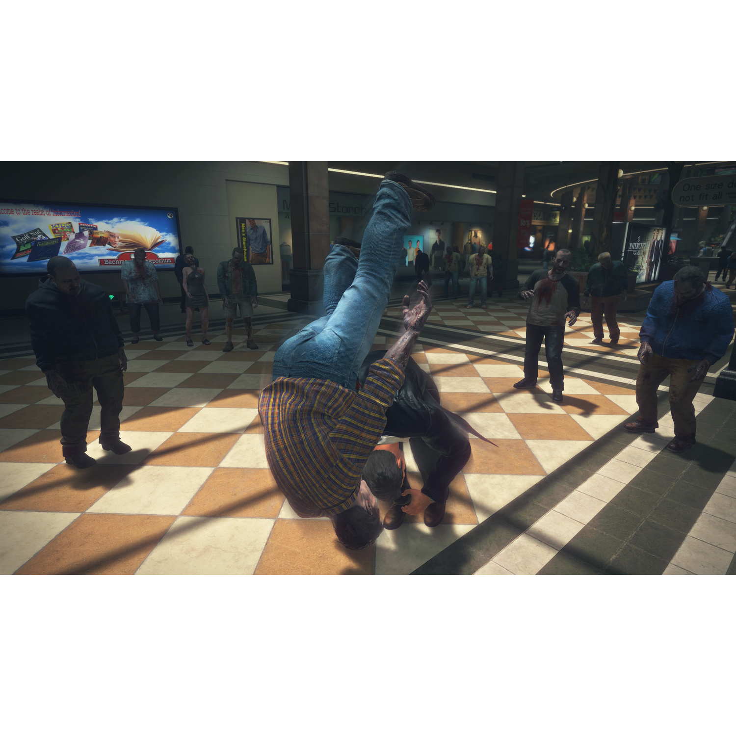 Scene uit een videogame met een zombieaanval in een winkelcentrum.