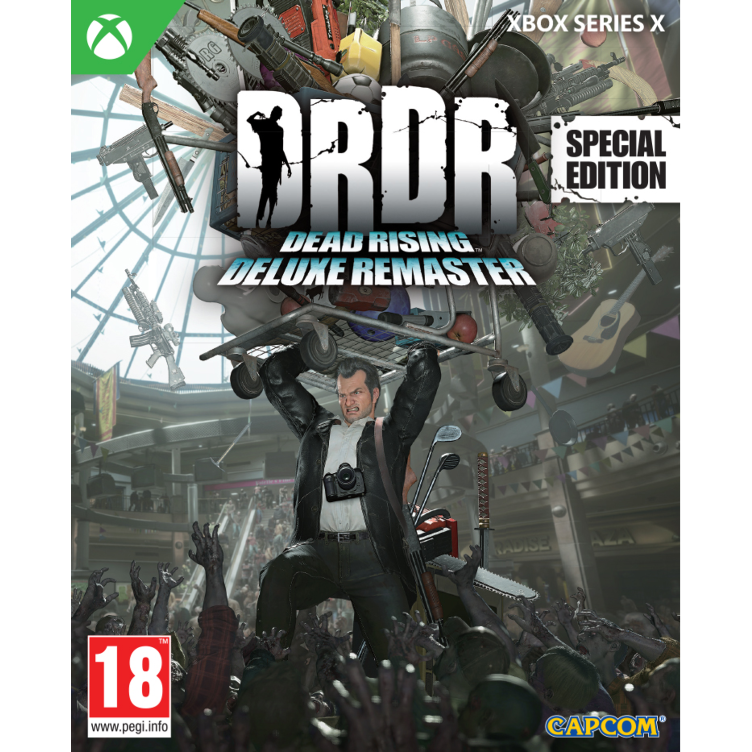 Gamecover: 'Dead Rising'. Een man tilt objecten op, zombies beneden. Xbox Series X logo.