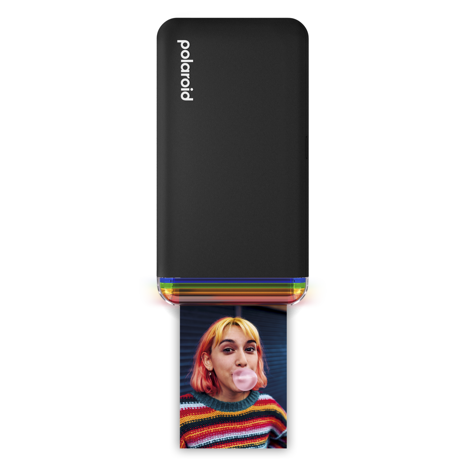 Imprimante Polaroid noire avec bordure arc-en-ciel, imprimant une photo.