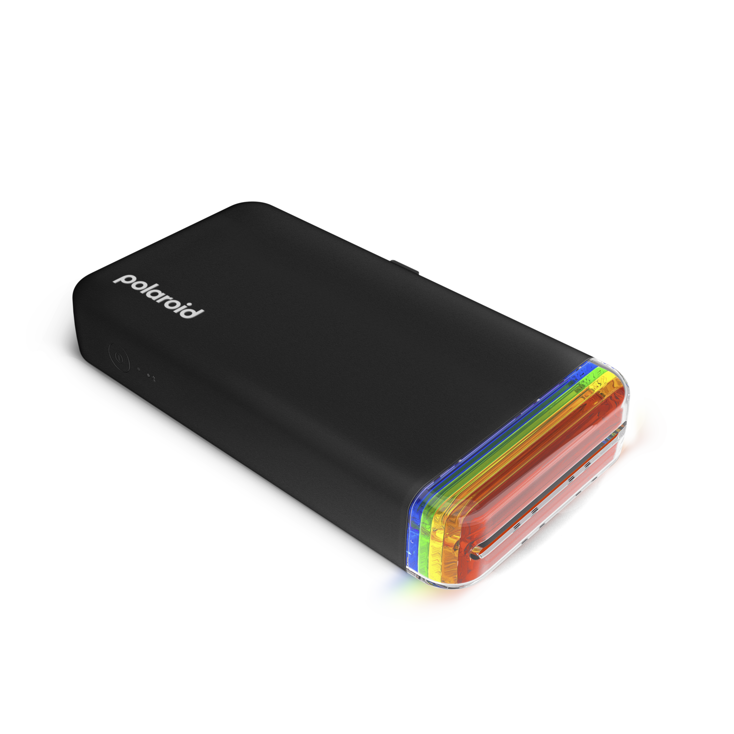 Un appareil Polaroid noir avec des lumières arc-en-ciel émanant d'une extrémité sur fond noir.