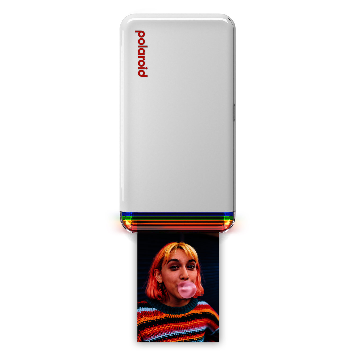 White Polaroid printer with a photo of a person blowing a bubble gum.