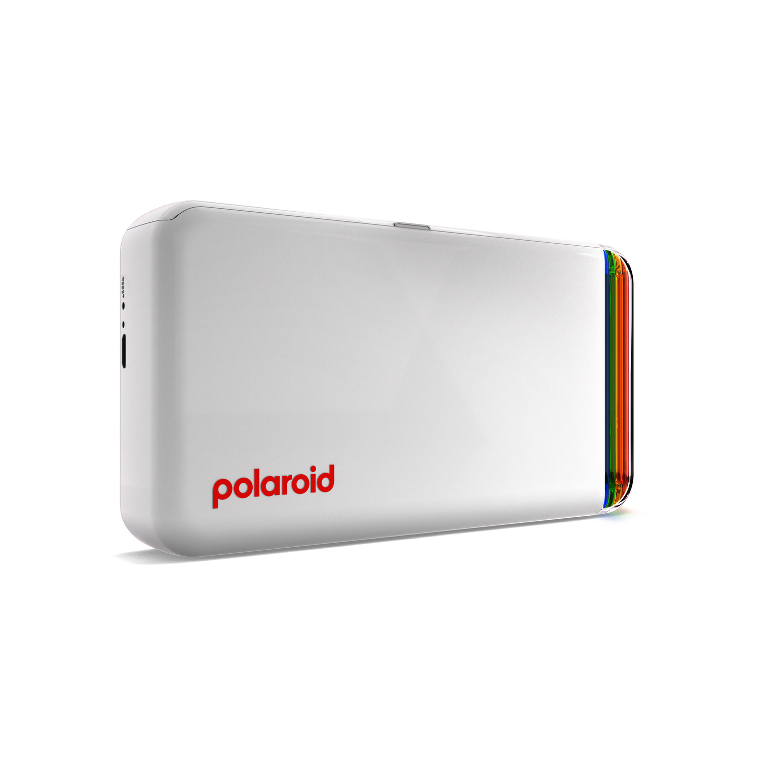 White Polaroid camera with a red 'polaroid' logo and colorful trim on the side.