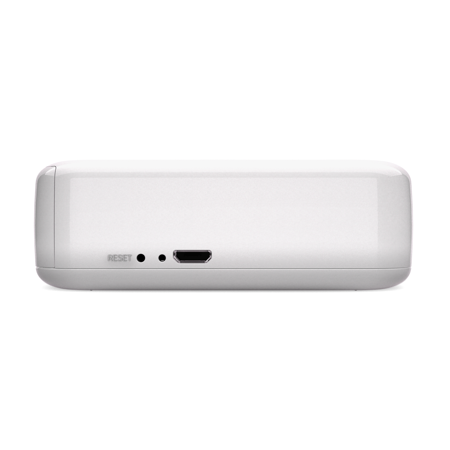A white rectangular device, seen from the back, with a reset button and a port.