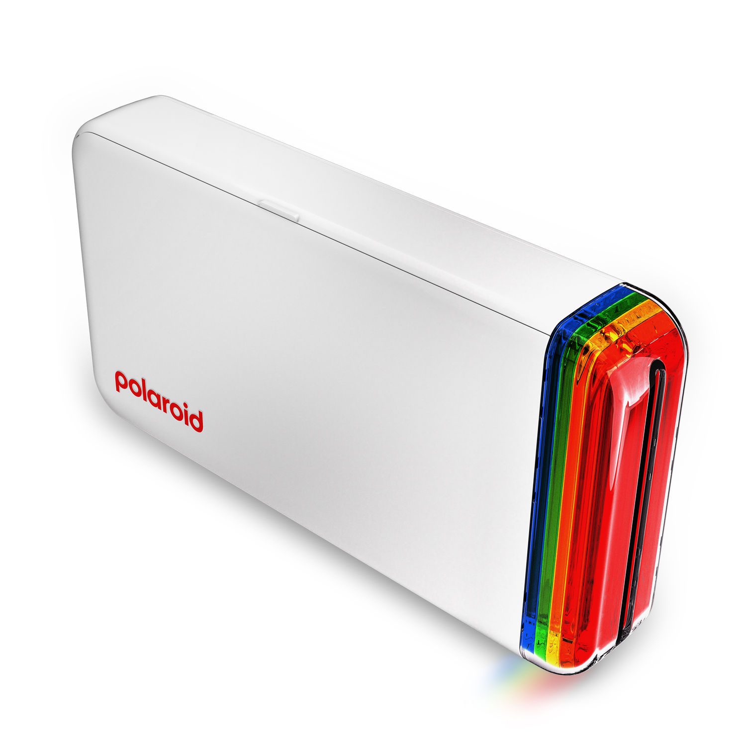 White Polaroid printer with the Polaroid logo and rainbow accents on the side.