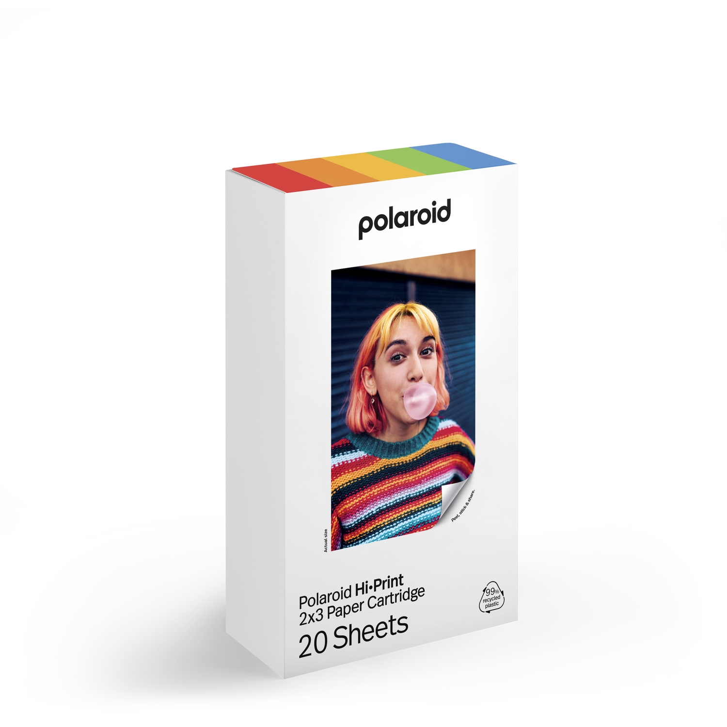Polaroid Hi-Print paper box with a girl on the front blowing a bubble, white background.