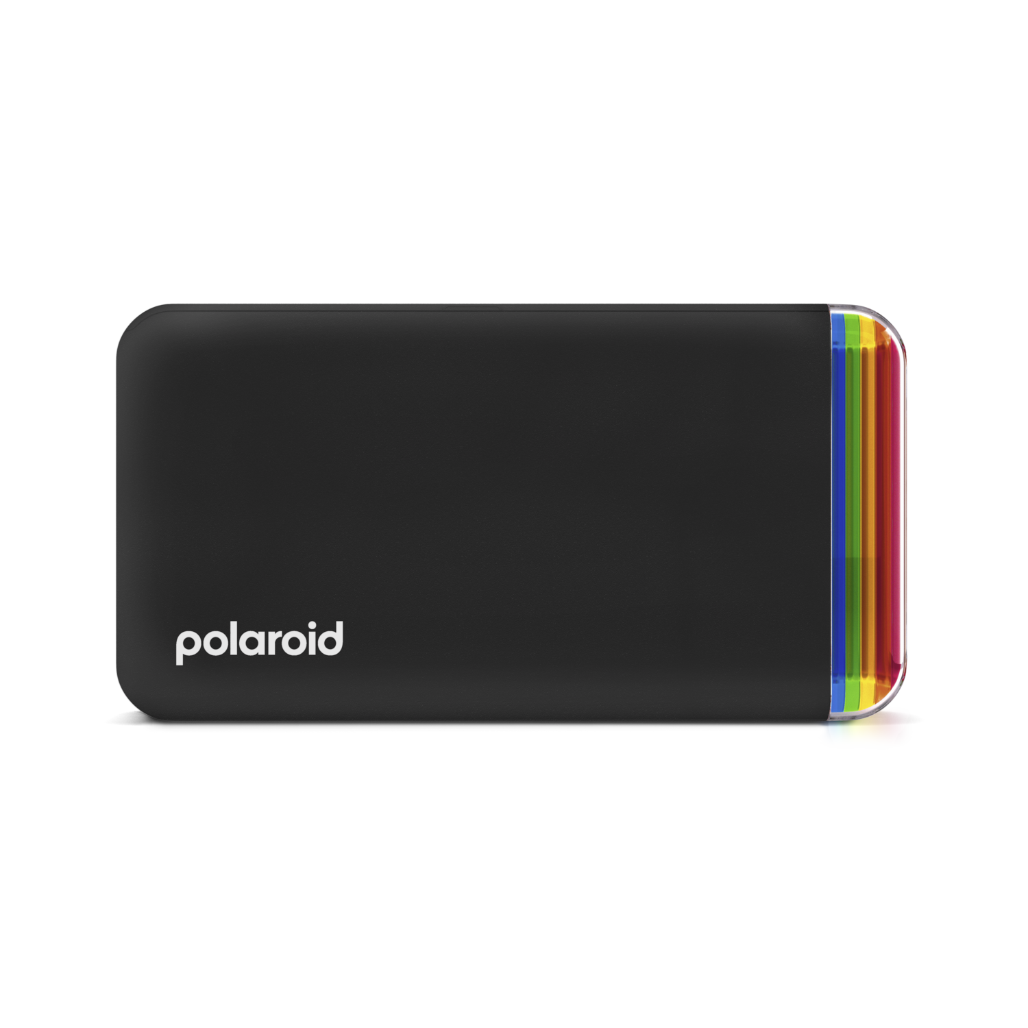 Black Polaroid camera. The side has colored stripes.