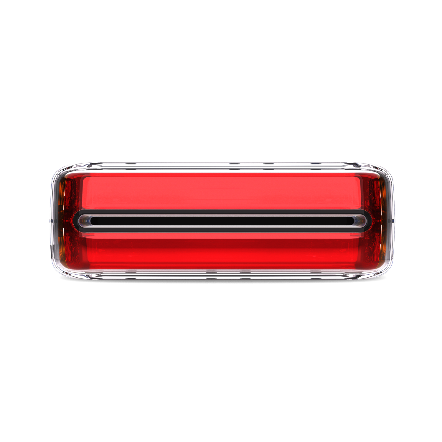 Red, transparent printer, top view.