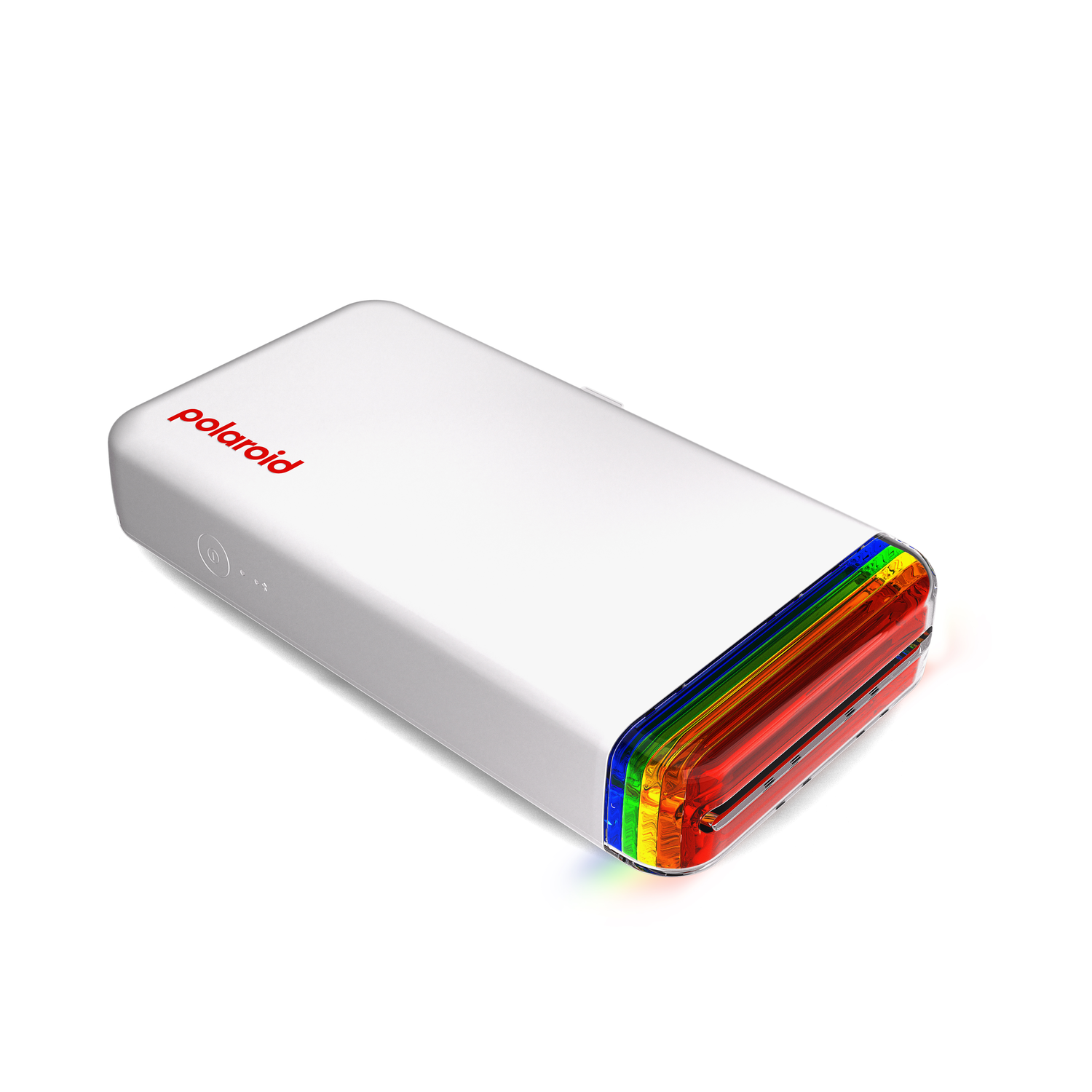 Wit Polaroid-apparaat met een regenboogkleurige lichtstrip. Rood Polaroid-logo bovenaan.