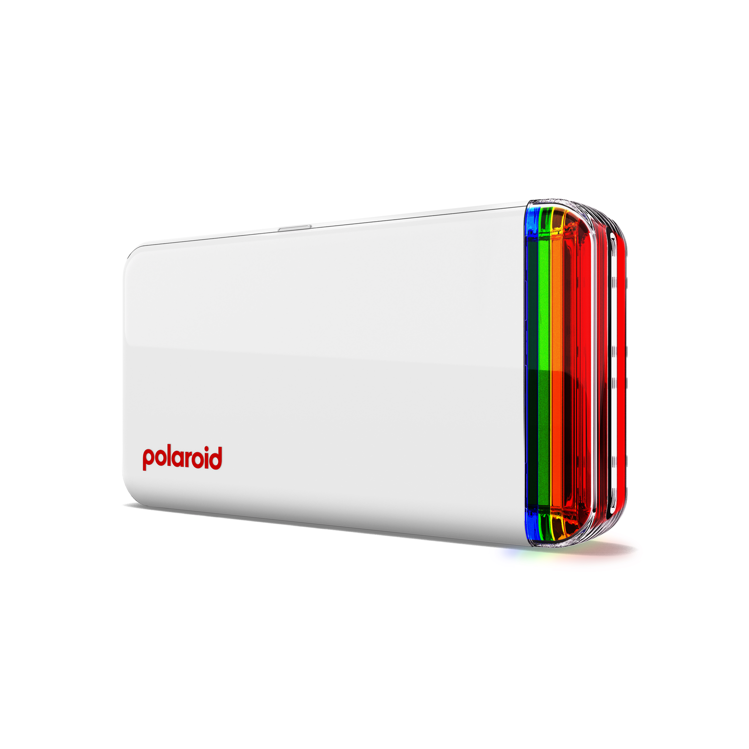 Witte Polaroid camera met een regenboogkleurige streep aan de zijkant, geïsoleerd.