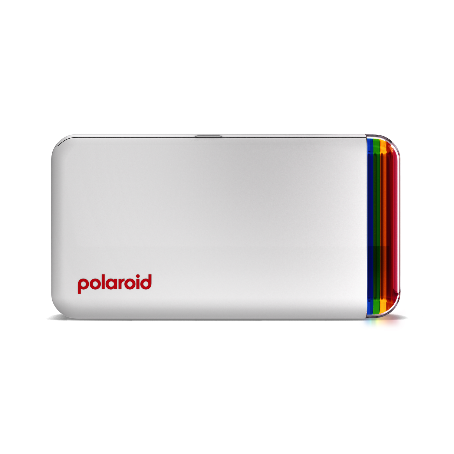 Witte Polaroid instant camera met een kleurrijke zijkant. De merknaam is rood.