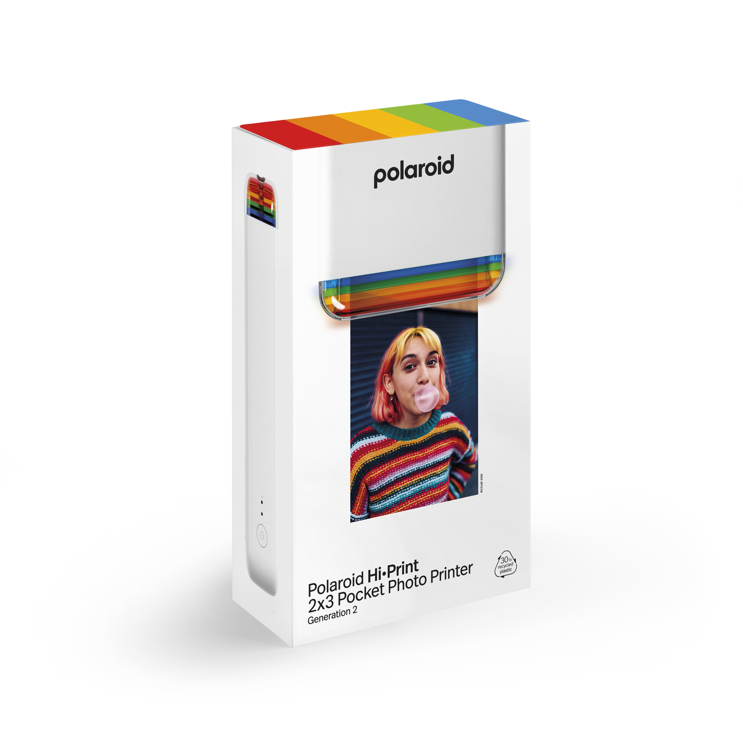 Een Polaroid Hi-Print 2x3 Pocket Photo Printer doos met een regenboogkleurige bovenkant en een foto.