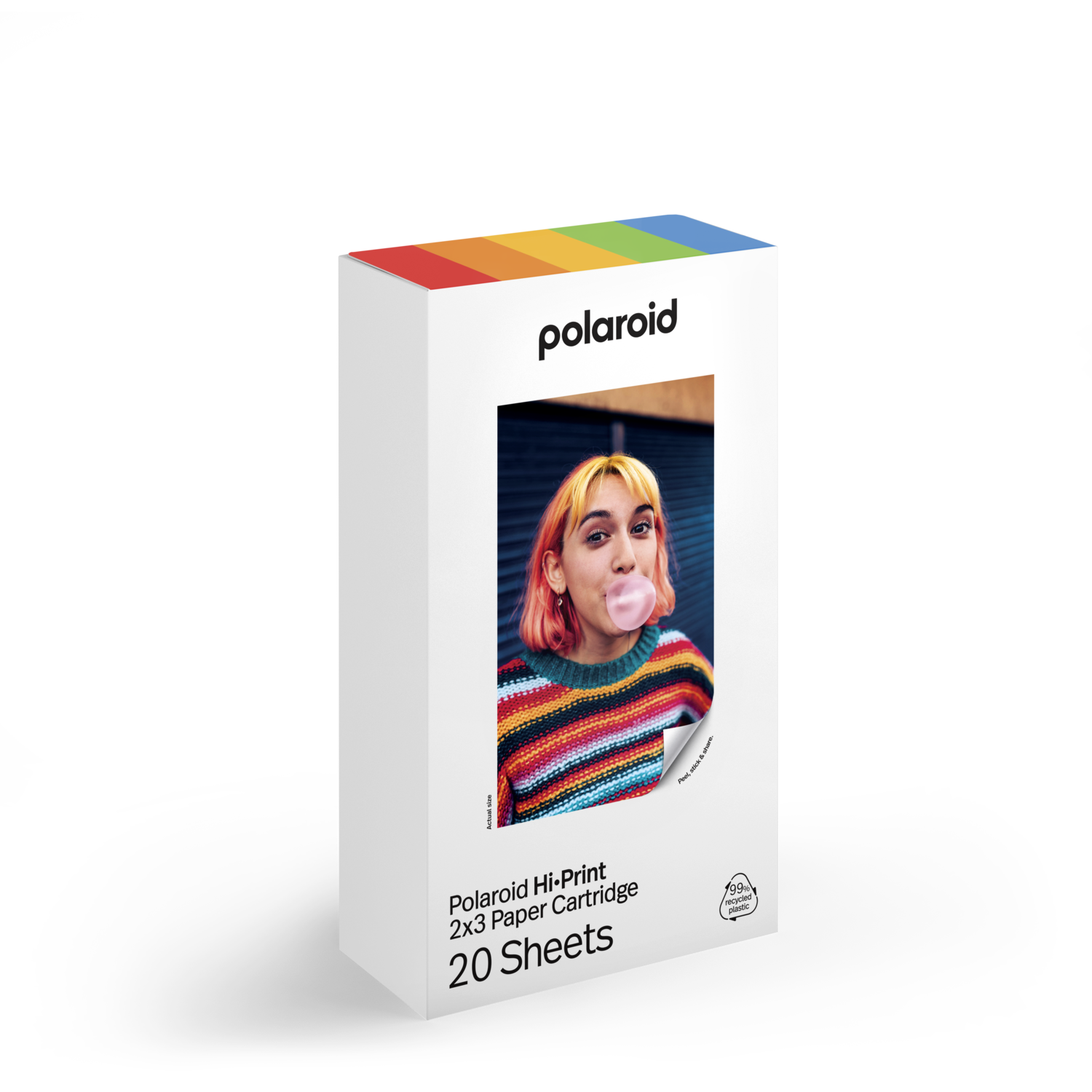 Boîte Polaroid blanche avec photo d'une femme soufflant une bulle. Design coloré et rétro.