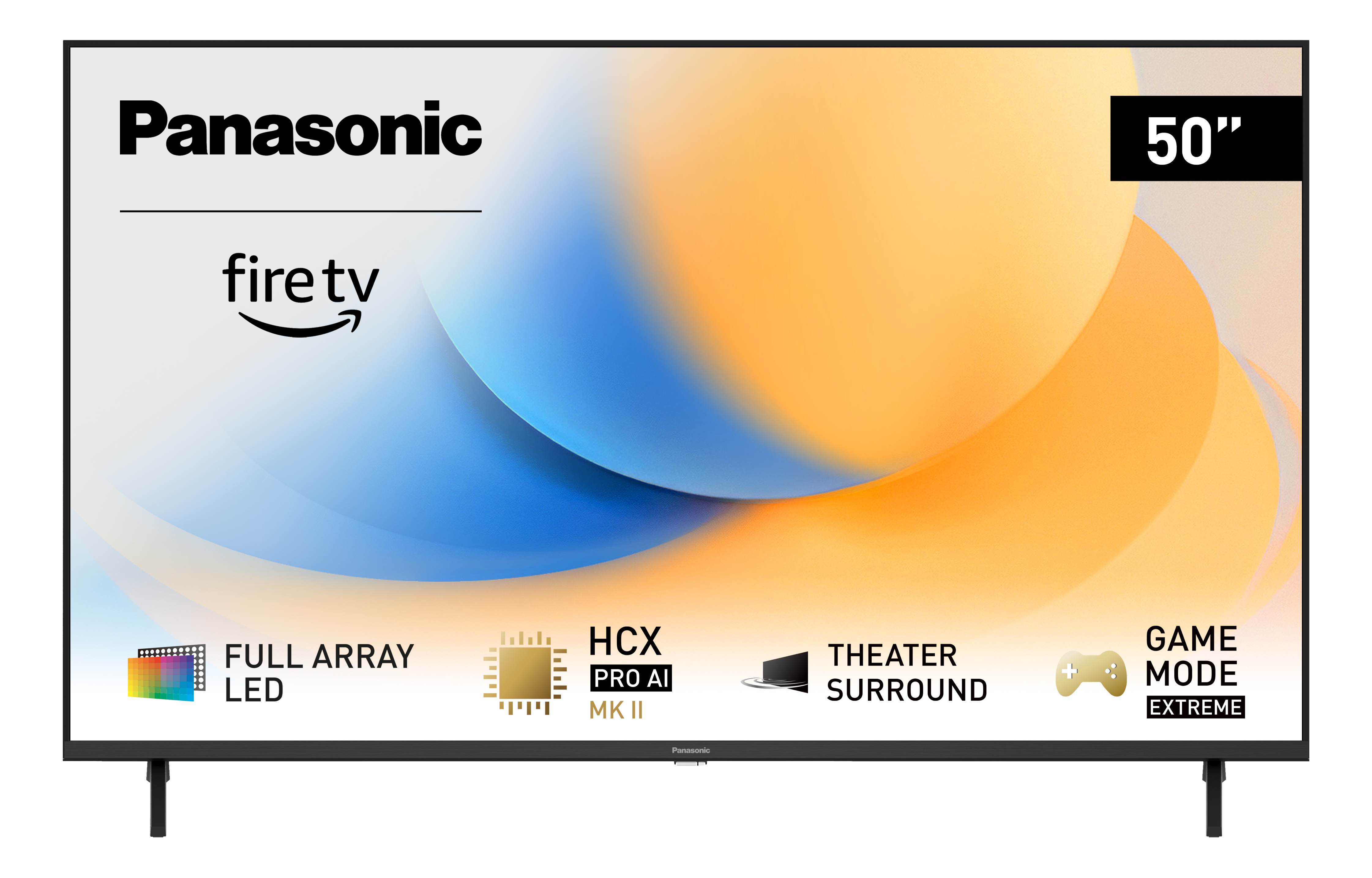 Panasonic 50" Fire TV con icone su sfondo nero.