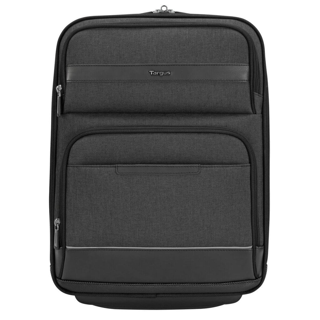 Una mochila Targus negra con detalles de cuero, con múltiples bolsillos y cremalleras.