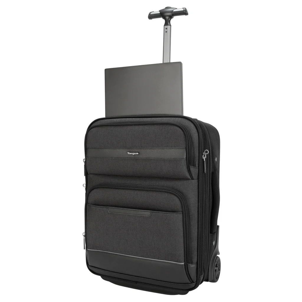 Una maleta rodante negra con una laptop encima, lista para viajar.