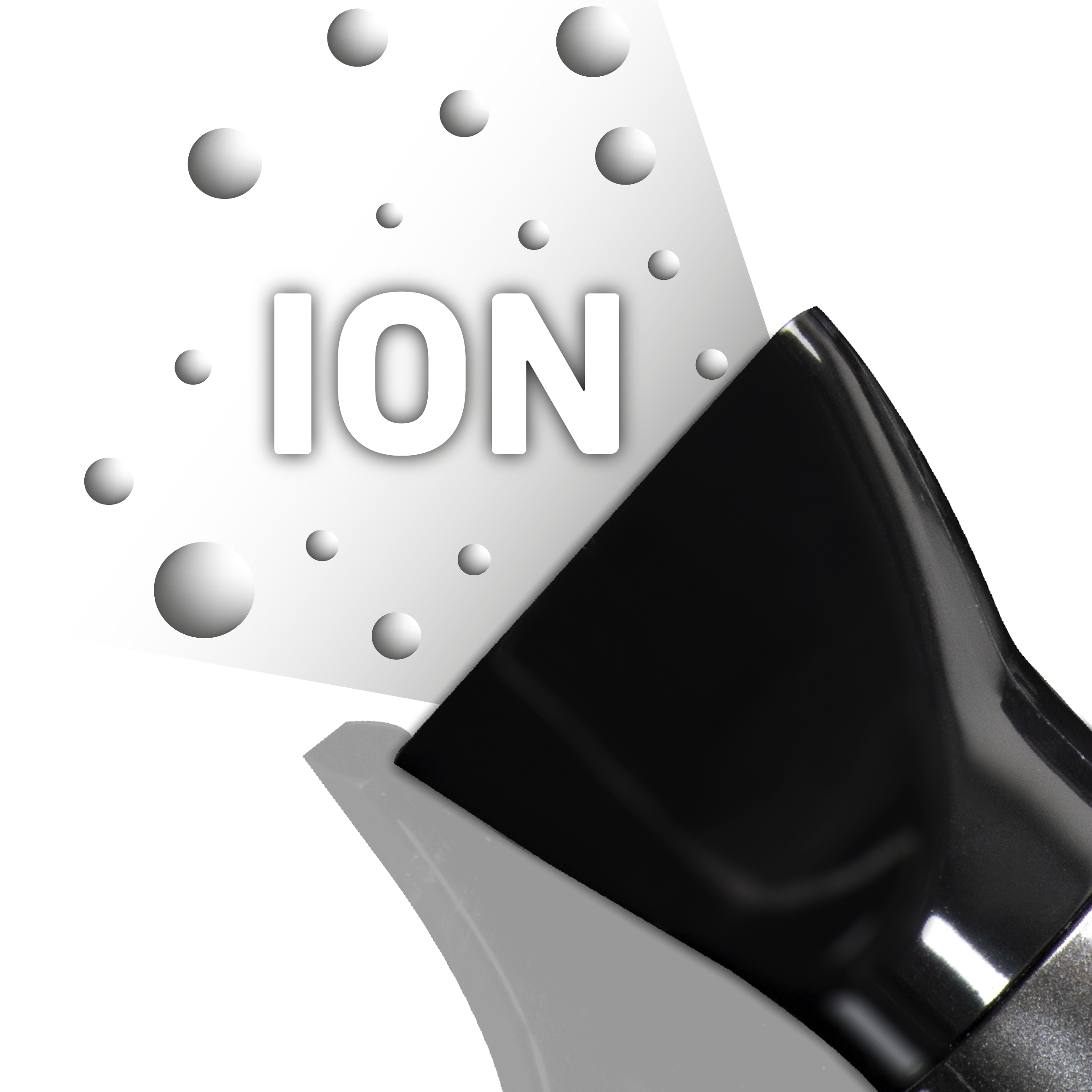 Secador de pelo negro con la palabra 'ION' en blanco, rodeado de esferas blancas.