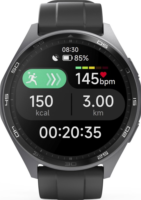 Smartwatch-Bildschirm zeigt Laufdaten: Zeit, Kalorien, km und Herzfrequenz in einem Kreis.