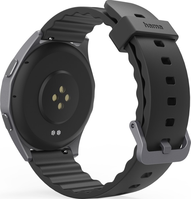 Rückseite der Smartwatch, Sensoren und Armband zeigend. Schwarzes Armband, grauer Rahmen.