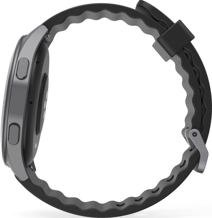 Seitenansicht einer dunkelgrauen Smartwatch mit schwarzem Armband, isoliert auf Weiß.