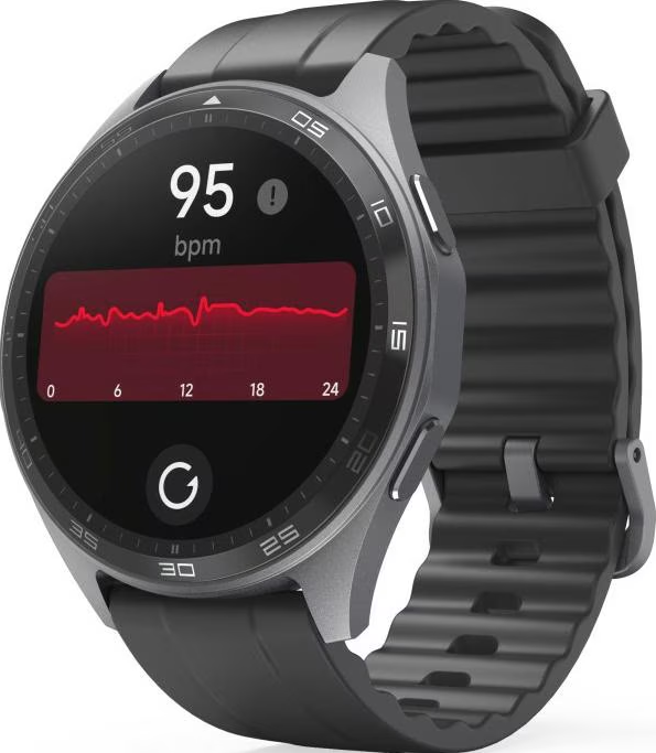 Eine schwarze Smartwatch mit Herzfrequenzanzeige und schwarzem Armband.