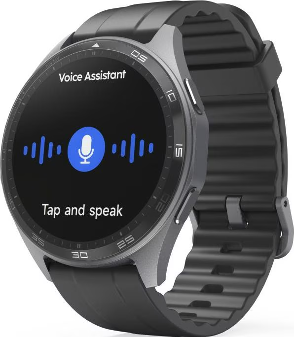 Eine Smartwatch mit schwarzem Armband, kreisförmigem Bildschirm und Sprachassistenten-Oberfläche.