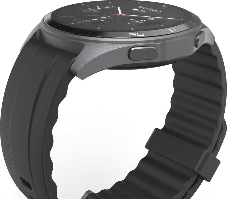 Smartwatch mit grauem Gehäuse und schwarzem Armband.