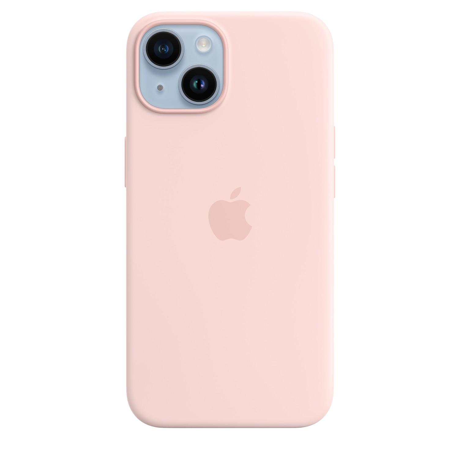 Pink iPhone case on black background. Two cameras and the apple logo are visible on the back.