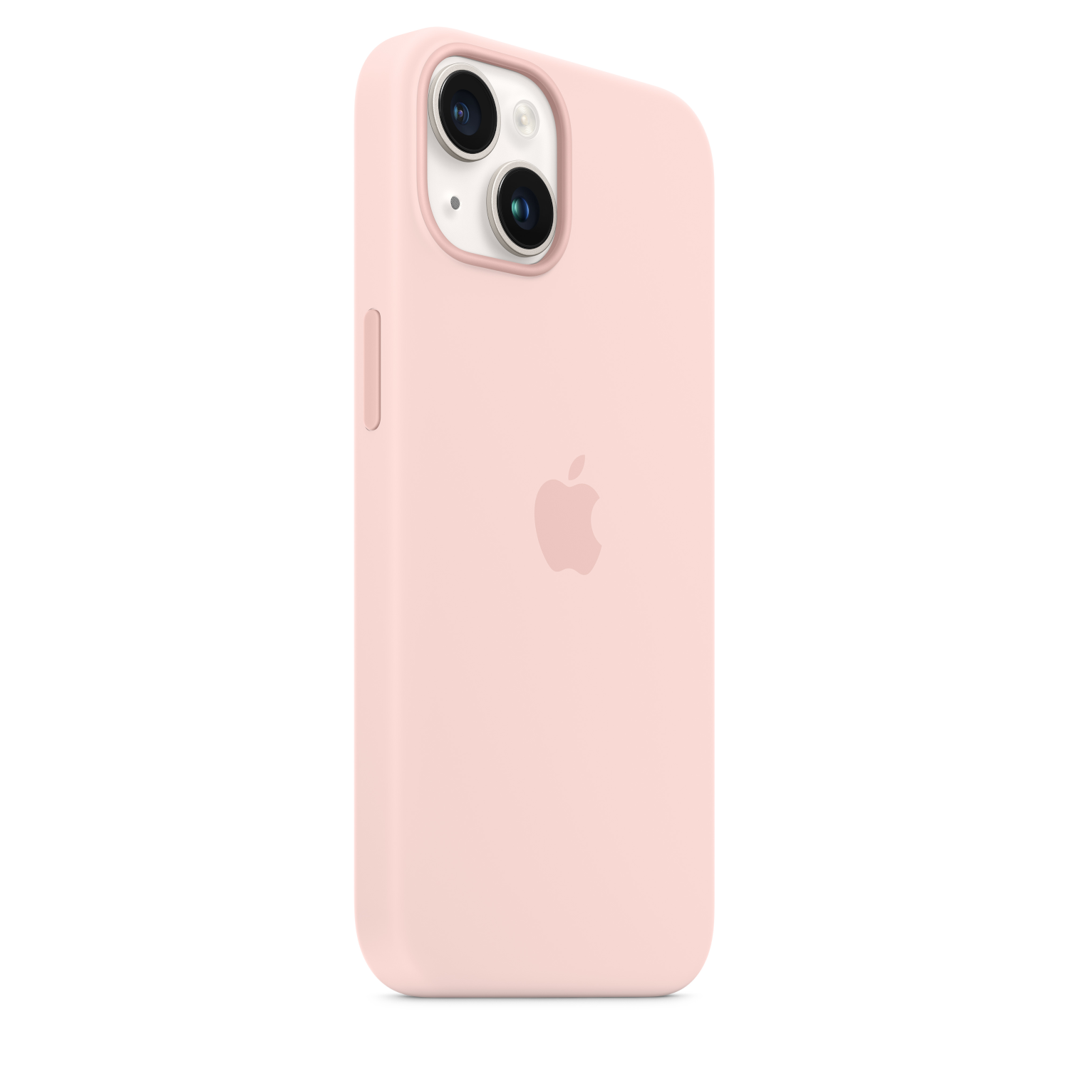 Pink phone case, white camera surrounds, Apple logo.