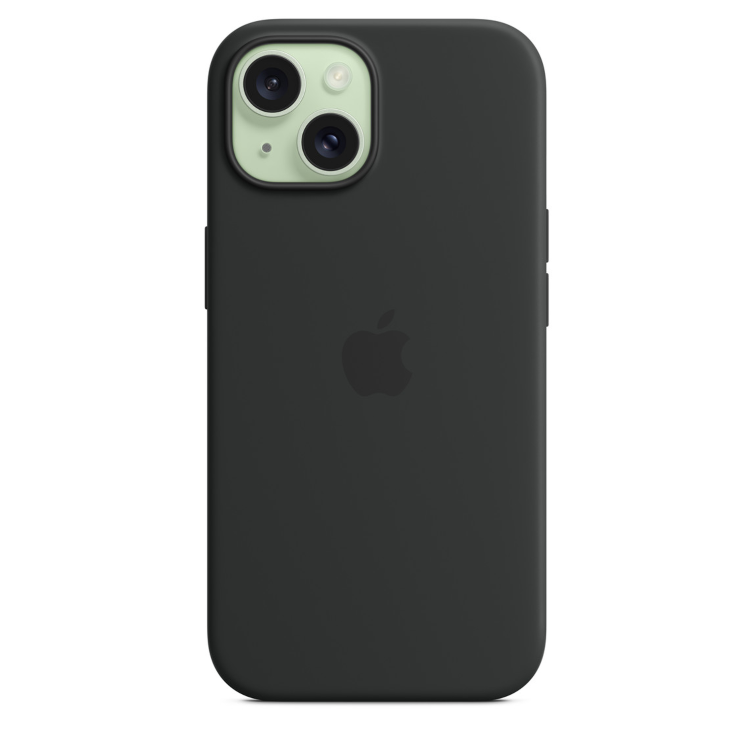Zwarte iPhone in een zwarte hoes. Telefoon heeft een camera met groene lenzen en Apple logo.