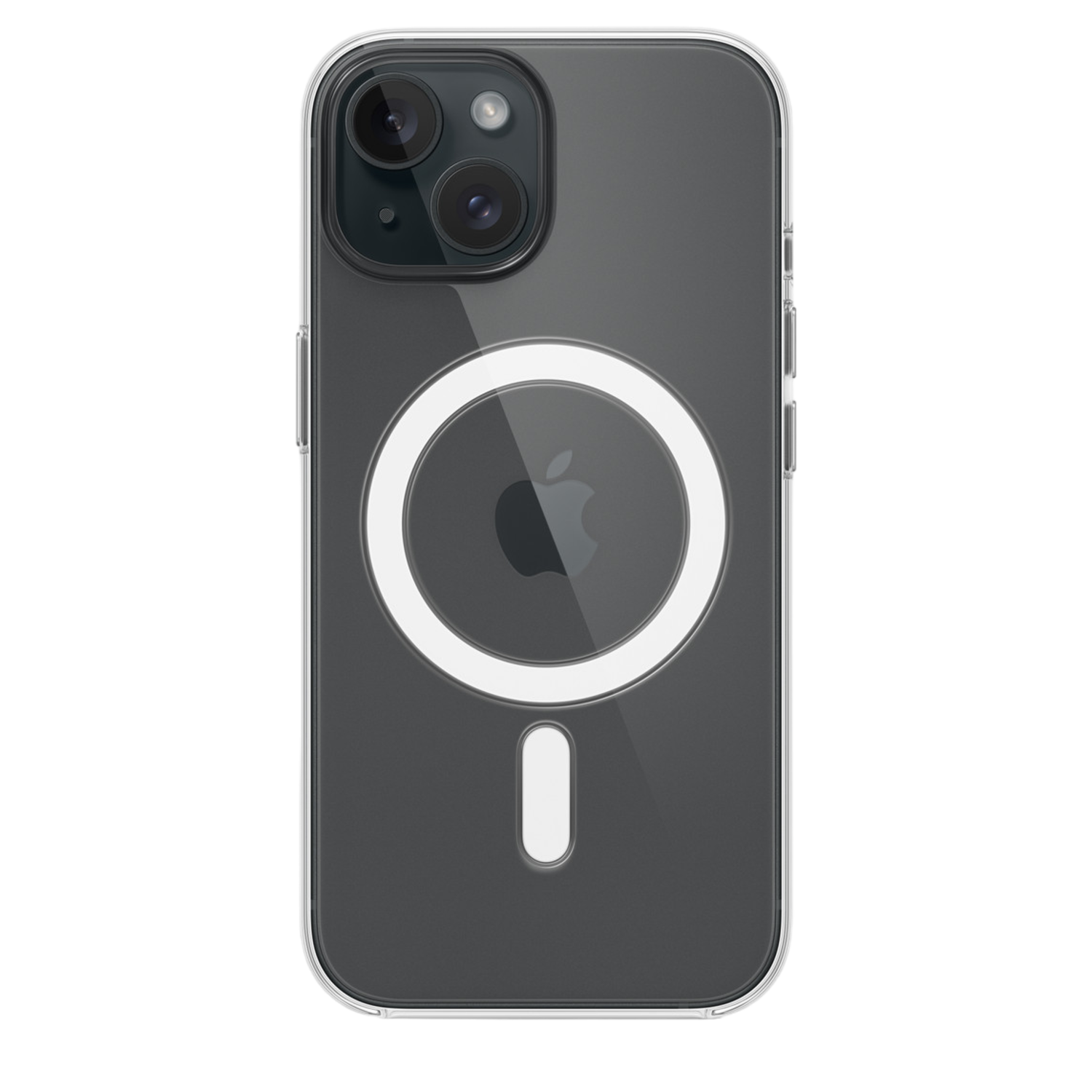 Clear iPhone case with MagSafe circle and Apple logo on a black background.
