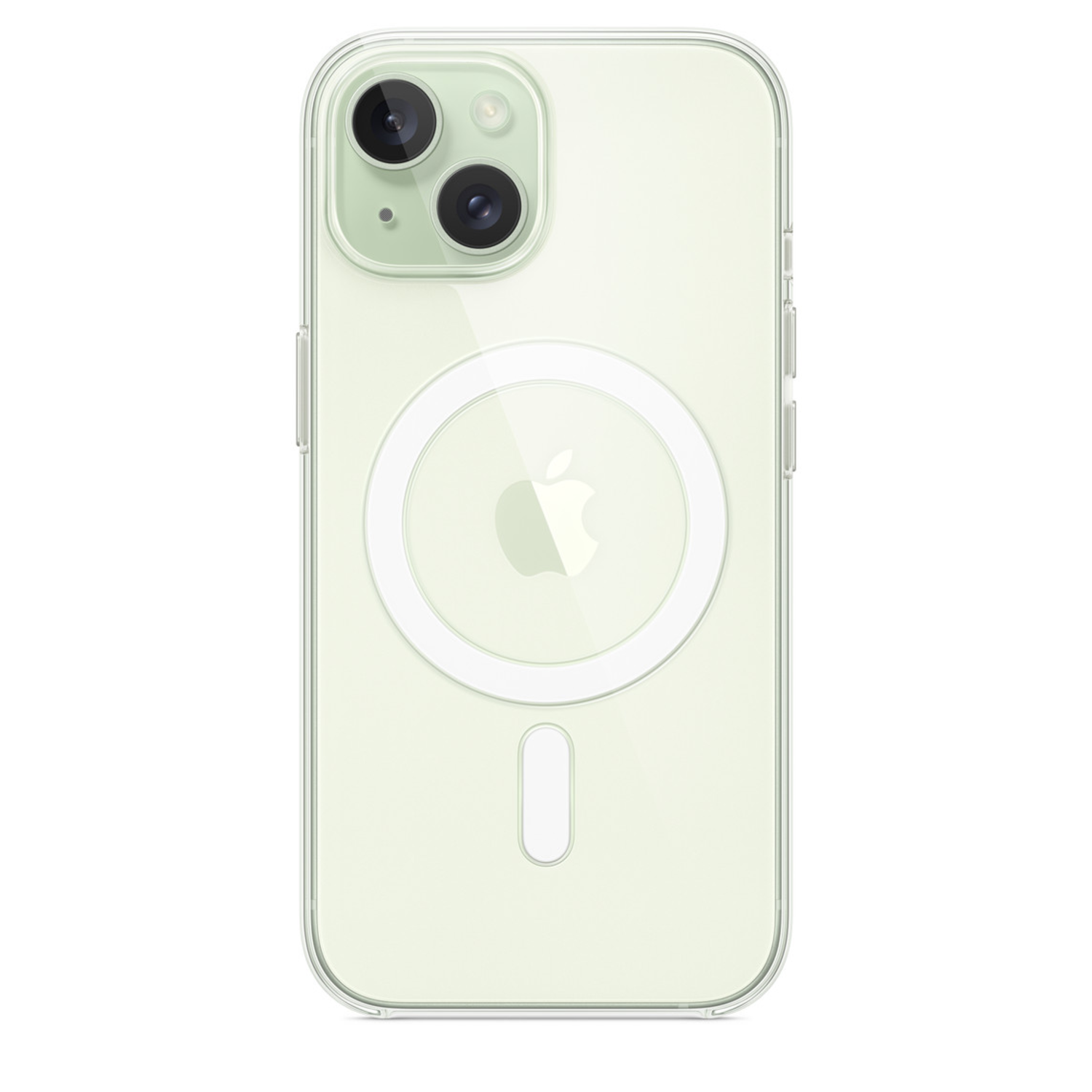 A clear phone case with a green tint, an Apple logo, and a camera module. The case is transparent.