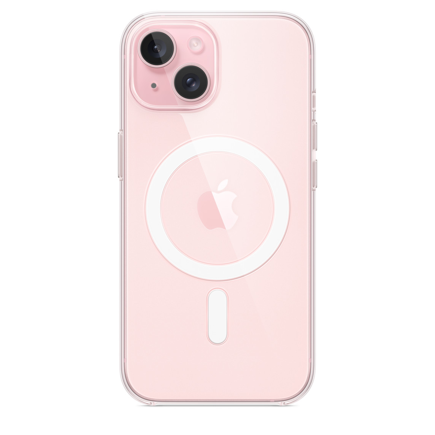 Pink phone case with Apple logo and a clear back. It has a cutout for camera and magsafe ring.