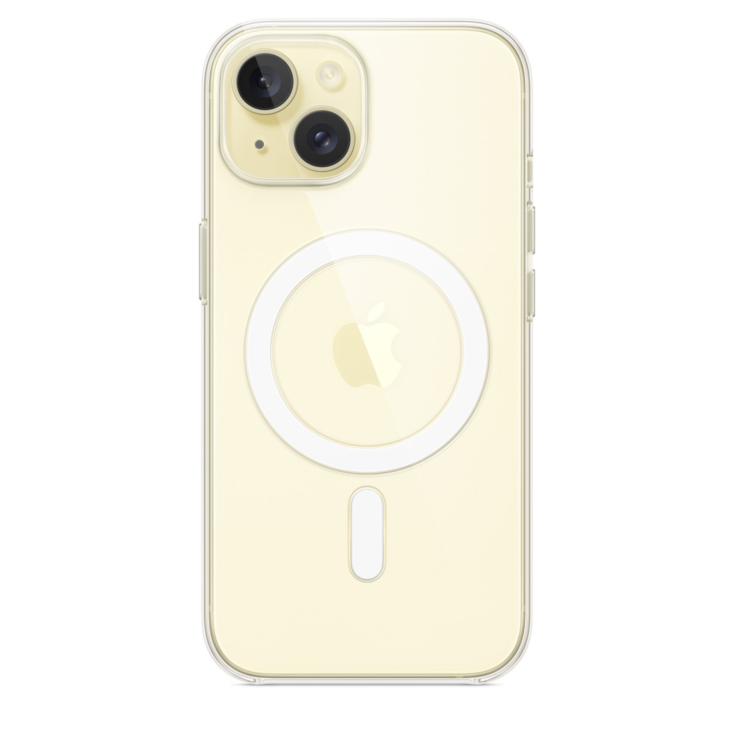 Clear phone case on a yellow phone. The phone has a camera and a white circle.