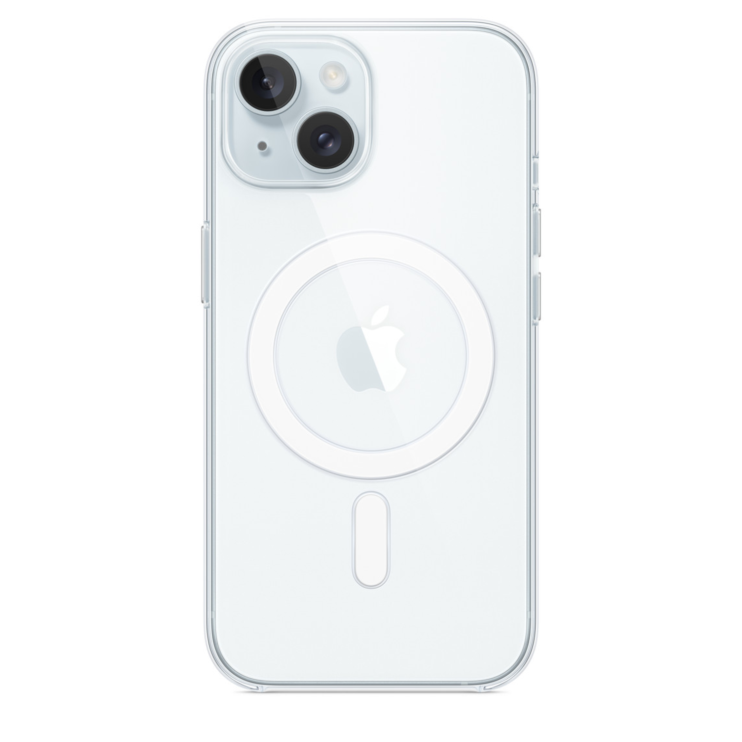 Clear phone case with camera and Apple logo, white background, top-down view.