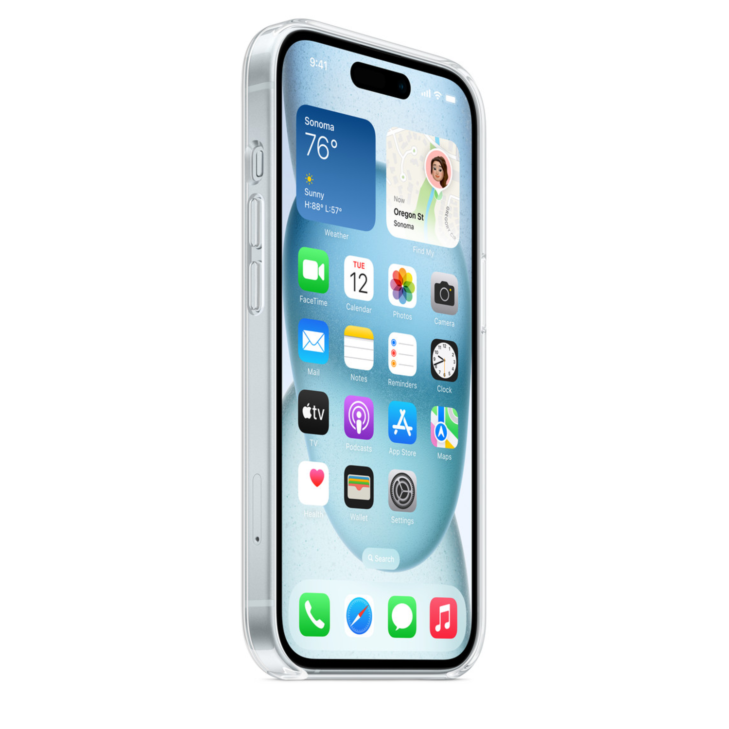 A silver iPhone with a clear case displaying app icons on the screen.