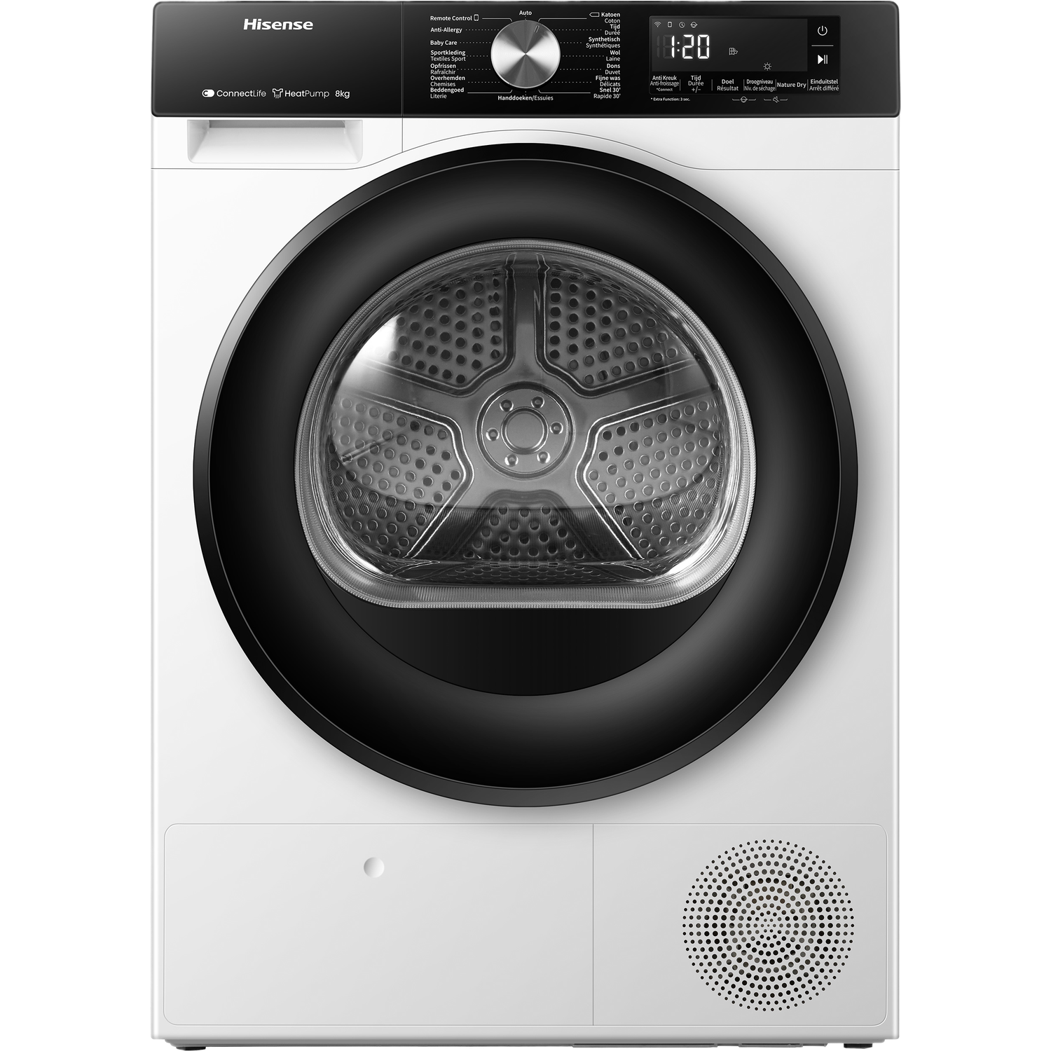 Witte Hisense droger met zwarte deur, bedieningspaneel bovenop en een cirkelvormige opening.