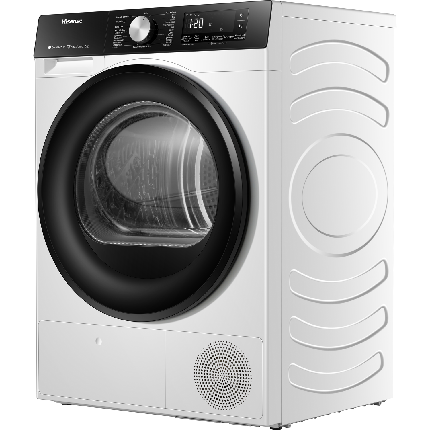 Witte Hisense droger, schuine weergave, met details van de voor- en zijkant.